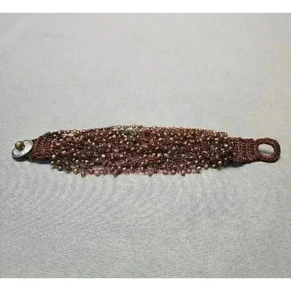 Bohemian Multi-strand Brown Knit Cuff Beaded Bracelet Iridescent Seed Beads Boho - Picture 3 of 6